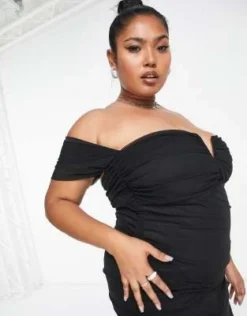 ASOS DESIGN Curve - Vestito Midi In Rete Arricciata Nera Con Ferretto A V E Scollo Bardot -Vendite ASOS Maternity || RIVER ISLAND || Monki 203236302 3