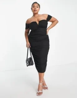 ASOS DESIGN Curve - Vestito Midi In Rete Arricciata Nera Con Ferretto A V E Scollo Bardot -Vendite ASOS Maternity || RIVER ISLAND || Monki 203236302 4