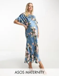 ASOS Maternity ASOS DESIGN Premaman - Vestito Midi In Raso Con Stampa Floreale Vintage E Maniche A Campana