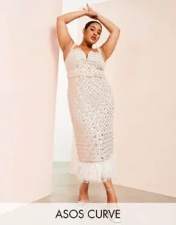 ASOS LUXE Curve - Vestito Midi Con Scollo A V Color Cipria Con Motivo A Griglia E Decorazione Con Piume Sintetiche