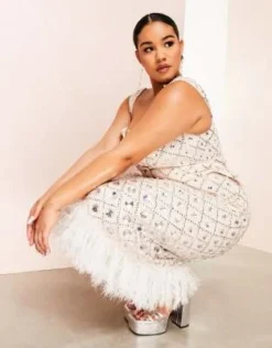 ASOS LUXE Curve - Vestito Midi Con Scollo A V Color Cipria Con Motivo A Griglia E Decorazione Con Piume Sintetiche -Vendite ASOS Maternity || RIVER ISLAND || Monki 203267024 4