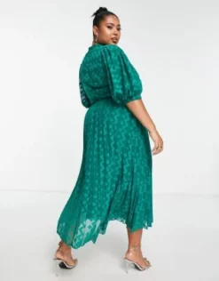 ASOS DESIGN Curve - Vestito Midi Accollato Verde Bosco In Plumetis A Pieghe Con Motivo A Spina Di Pesce E Maniche A Palloncino -Vendite ASOS Maternity || RIVER ISLAND || Monki 203273236 2