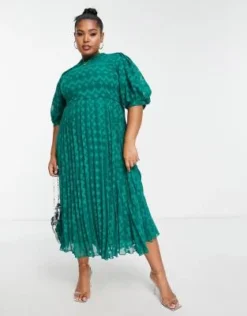 ASOS DESIGN Curve - Vestito Midi Accollato Verde Bosco In Plumetis A Pieghe Con Motivo A Spina Di Pesce E Maniche A Palloncino -Vendite ASOS Maternity || RIVER ISLAND || Monki 203273236 4