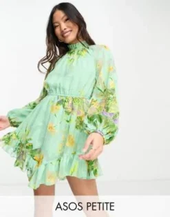 ASOS DESIGN Petite - Vestito Corto Accollato In Jacquard A Fiori Con Orlo Asimmetrico