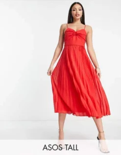 ASOS DESIGN Tall - Vestito Midi Rosso A Pieghe Incrociato Sul Davanti Con Spalline Sottili E Cintura