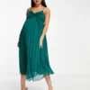 ASOS Maternity ASOS DESIGN Maternity - Vestito Midi Con Spalline Sottili Incrociato Sul Davanti Verde Bosco A Pieghe Con Cintura