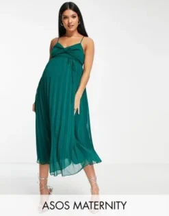 ASOS Maternity ASOS DESIGN Maternity - Vestito Midi Con Spalline Sottili Incrociato Sul Davanti Verde Bosco A Pieghe Con Cintura
