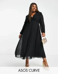 ASOS DESIGN Curve - Vestito Midi Nero A Pieghe Con Scollo Profondo