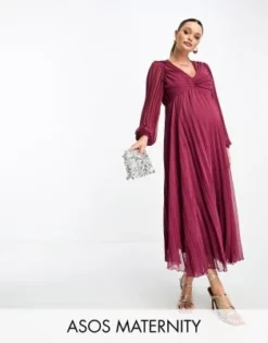 ASOS Maternity ASOS DESIGN Maternity - Vestito Midi Bordeaux A Pieghe Con Scollo Profondo E Dettaglio Con Corpino