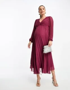 ASOS Maternity ASOS DESIGN Maternity - Vestito Midi Bordeaux A Pieghe Con Scollo Profondo E Dettaglio Con Corpino -Vendite ASOS Maternity || RIVER ISLAND || Monki 203273488 4