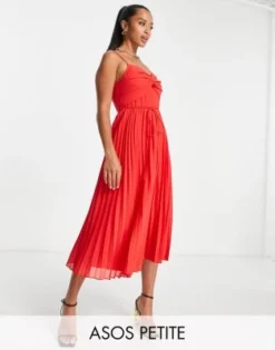 ASOS DESIGN Petite - Vestito Midi Rosso A Pieghe Incrociato Sul Davanti Con Spalline Sottili E Cintura