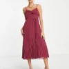 ASOS DESIGN - Vestito Midi Bordeaux A Pieghe Incrociato Sul Davanti Con Spalline Sottili E Cintura