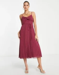 ASOS DESIGN - Vestito Midi Bordeaux A Pieghe Incrociato Sul Davanti Con Spalline Sottili E Cintura
