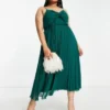 ASOS DESIGN Curve - Vestito Midi Con Spalline Sottili Incrociato Sul Davanti Verde Bosco A Pieghe Con Cintura