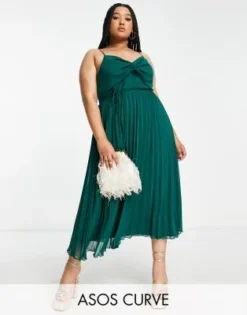ASOS DESIGN Curve - Vestito Midi Con Spalline Sottili Incrociato Sul Davanti Verde Bosco A Pieghe Con Cintura
