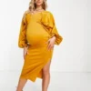 ASOS Maternity ASOS DESIGN Maternity - Vestito Midi Fasciante Color Senape Con Scollo A Cuore E Maniche Ad Ali Di Pipistrello