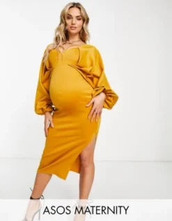 ASOS Maternity ASOS DESIGN Maternity - Vestito Midi Fasciante Color Senape Con Scollo A Cuore E Maniche Ad Ali Di Pipistrello