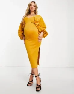 ASOS Maternity ASOS DESIGN Maternity - Vestito Midi Fasciante Color Senape Con Scollo A Cuore E Maniche Ad Ali Di Pipistrello -Vendite ASOS Maternity || RIVER ISLAND || Monki 203277506 4