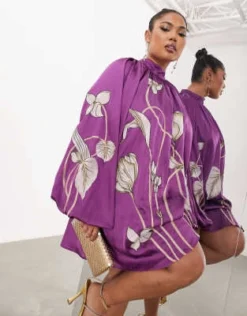 ASOS EDITION Curve - Vestito Corto Accollato Viola Con Maniche A Campana E Ricamo Di Tulipani -Vendite ASOS Maternity || RIVER ISLAND || Monki 203280418 2