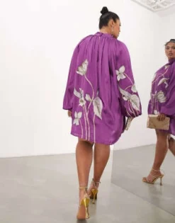 ASOS EDITION Curve - Vestito Corto Accollato Viola Con Maniche A Campana E Ricamo Di Tulipani -Vendite ASOS Maternity || RIVER ISLAND || Monki 203280418 3