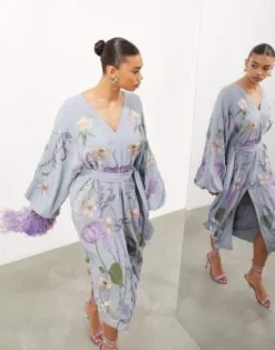 ASOS Edition - Vestito Midi Con Scollo A V E Ricami Floreali Blu