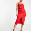 ASOS DESIGN - Vestito Midi Rosso In Rete Con Corsetto Strutturato E Cintura
