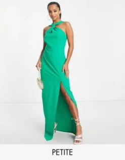 Vesper Petite - Vestito Lungo Incrociato E Allacciato Al Collo Con Spacco Sulla Coscia Verde