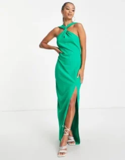 Vesper Petite - Vestito Lungo Incrociato E Allacciato Al Collo Con Spacco Sulla Coscia Verde -Vendite ASOS Maternity || RIVER ISLAND || Monki 203295567 3