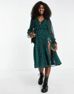 Miss Selfridge - Vestito Midi In Chiffon Verde Animalier Con Volant