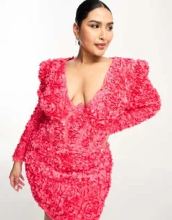 ASOS LUXE Curve - Vestito Corto Rosso A Fiori 3D Con Scollo A V E Dettaglio Stile Corsetto