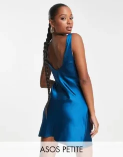 ASOS DESIGN Petite - Vestito Sottoveste Corto In Raso Con Scollo Rotondo Blu Zaffiro