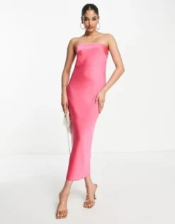 ASOS DESIGN - Vestito A Fascia Midi In Raso Con Scollo Ad Anello Sul Retro Rosa Acceso