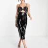 ASOS DESIGN - Vestito Midi Nero Con Paillettes Lunghe E Finiture In Strass