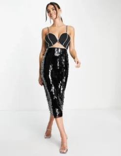 ASOS DESIGN - Vestito Midi Nero Con Paillettes Lunghe E Finiture In Strass