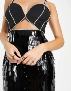 ASOS DESIGN - Vestito Midi Nero Con Paillettes Lunghe E Finiture In Strass -Vendite ASOS Maternity || RIVER ISLAND || Monki 203396691 3
