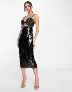 ASOS DESIGN - Vestito Midi Nero Con Paillettes Lunghe E Finiture In Strass -Vendite ASOS Maternity || RIVER ISLAND || Monki 203396691 4