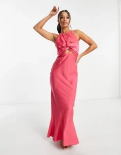 ASOS DESIGN Petite - Vestito Lungo In Raso Rosa Acceso Con Nodo Sul Davanti E Allacciatura Sul Retro -Vendite ASOS Maternity || RIVER ISLAND || Monki 203407445 4