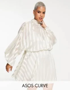ASOS DESIGN Curve - Vestito Corto Accollato In Raso A Righe