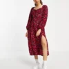 Miss Selfridge Petite - Vestito Midi Milkmaid Rosso Animalier Con Laccio Sul Davanti