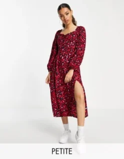 Miss Selfridge Petite - Vestito Midi Milkmaid Rosso Animalier Con Laccio Sul Davanti