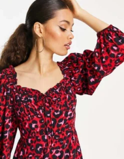 Miss Selfridge Petite - Vestito Midi Milkmaid Rosso Animalier Con Laccio Sul Davanti -Vendite ASOS Maternity || RIVER ISLAND || Monki 203415753 3
