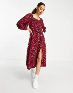Miss Selfridge Petite - Vestito Midi Milkmaid Rosso Animalier Con Laccio Sul Davanti -Vendite ASOS Maternity || RIVER ISLAND || Monki 203415753 4