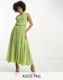 ASOS DESIGN Tall - Vestito Midi Testurizzato Raccolto Asimmetrico Color Verde Pistacchio