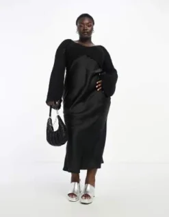 ASOS DESIGN Curve - Vestito Lungo In Raso Nero Con Corpino All'uncinetto E Maniche Lunghe -Vendite ASOS Maternity || RIVER ISLAND || Monki 203435696 4