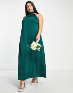 Vila Curve - Vestito Lungo Da Damigella In Raso Verde Intenso Allacciato Al Collo