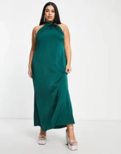 Vila Curve - Vestito Lungo Da Damigella In Raso Verde Intenso Allacciato Al Collo -Vendite ASOS Maternity || RIVER ISLAND || Monki 203436909 4