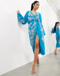 ASOS Edition - Vestito Midi Avvolgente Blu Decorato Con Fiori Di Strass -Vendite ASOS Maternity || RIVER ISLAND || Monki 203447452 3
