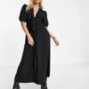 ASOS DESIGN - Vestito Midi Nero Con Allacciatura Sul Davanti E Bottoni