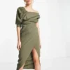 ASOS DESIGN Tall - Vestito Midi Con Corpino Drappeggiato E Cut-out Kaki