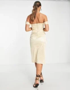 ASOS DESIGN - Vestito Midi Con Scollo Bardot E Spalle Scoperte In Raso Color Oro -Vendite ASOS Maternity || RIVER ISLAND || Monki 203464421 2